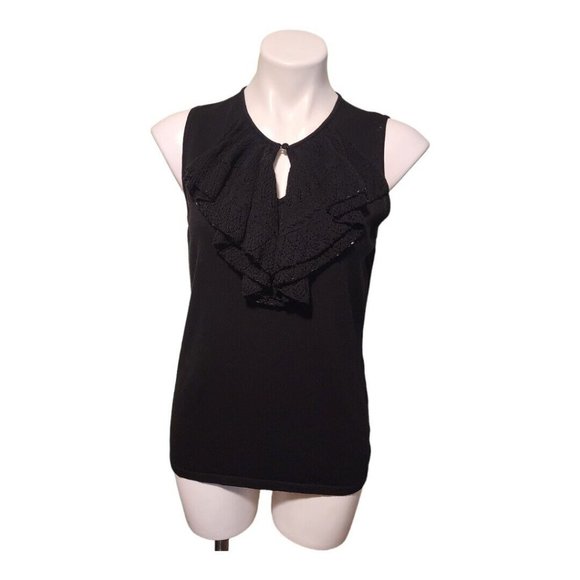 Lauren Ralph‎ Lauren Woman's Black Sleeveless Ruffle Beaded Sz Medium Blouse - Picture 10 of 10